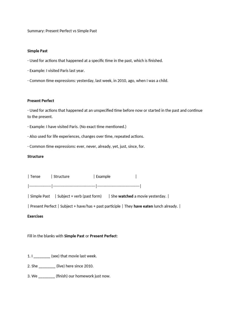 Present Perfect vs Simple Past Guide | PDF