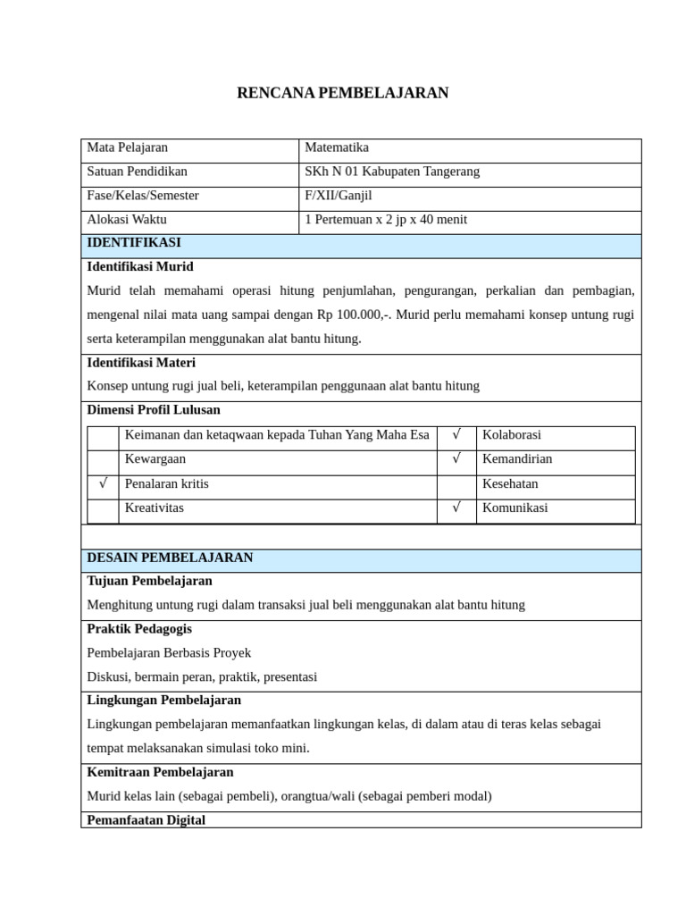 Format RPM Kolom Tabel - Matematika XII | PDF