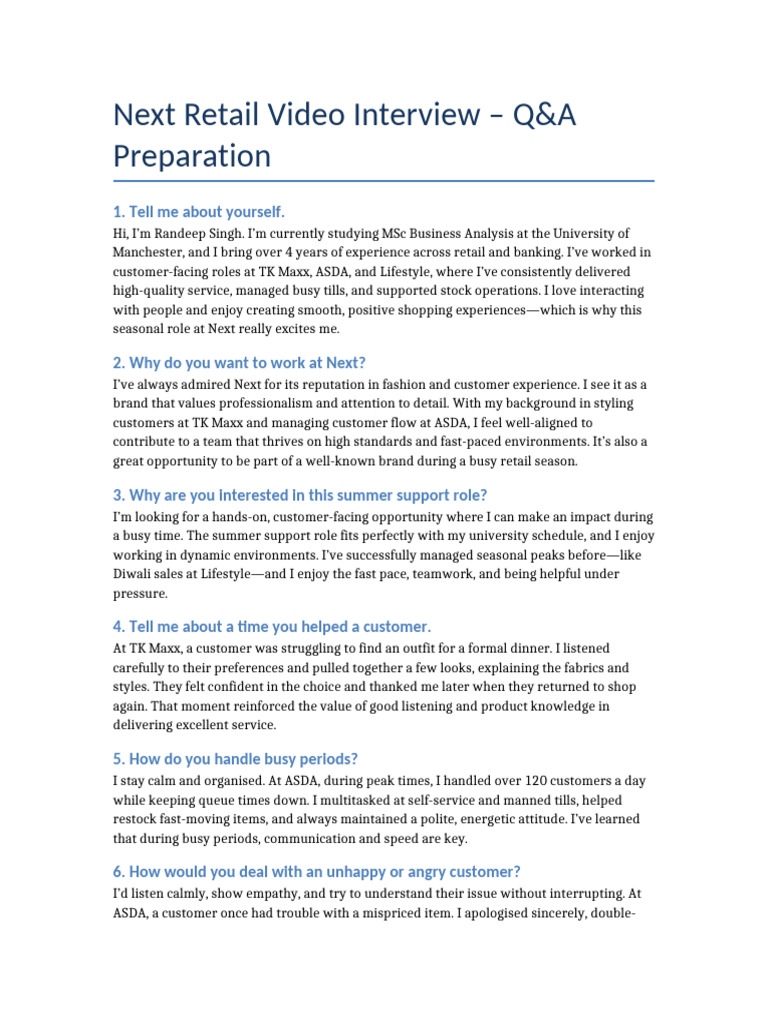 Next Retail Interview Q&A Preparation Guide | PDF