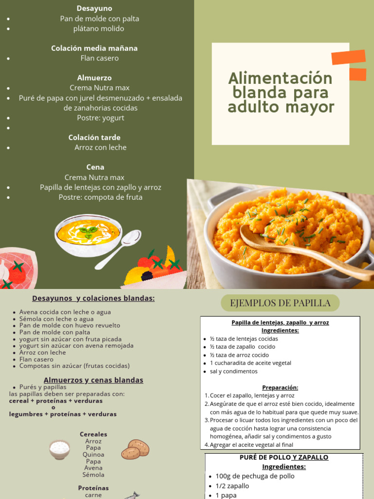 Menú de dieta blanda para adultos mayores | PDF | Cocinando | Postres