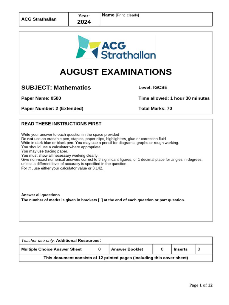 IGCSE Math Paper 2 (Extended) 2024 | PDF | Circle | Mathematics