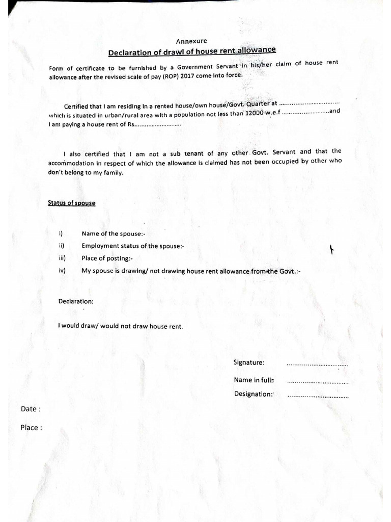 Declaration For Drawl of House Rent Allowance | PDF