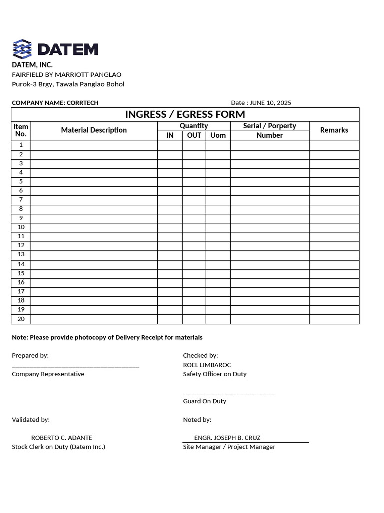 Ingress Egress Form for Datem Inc. | PDF