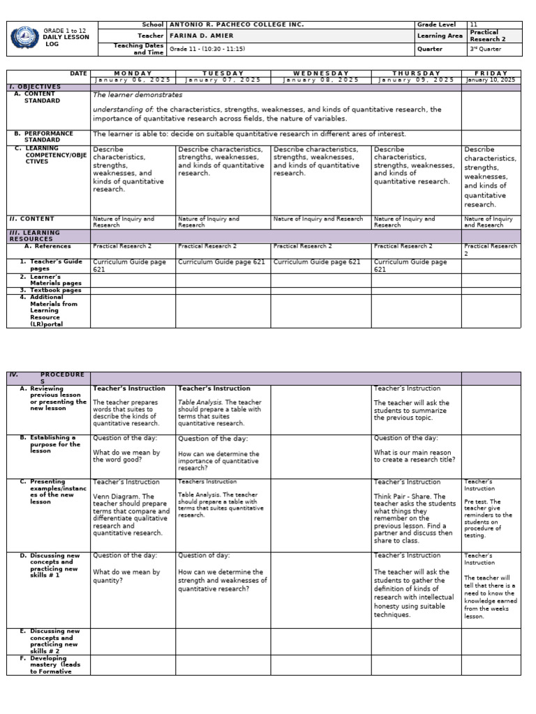 Grade 11 Practical Research Lesson Plan | PDF | Teachers | Cognition