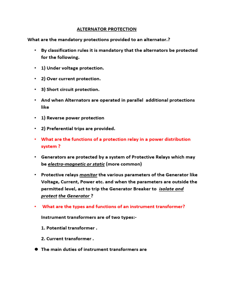Alternator Protection Systems Overview | PDF | Relay | Transformer