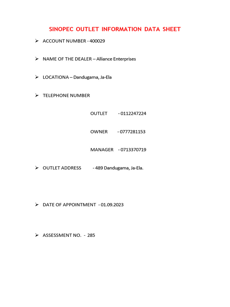 Sinopec Outlet Data Sheet Alliance | PDF