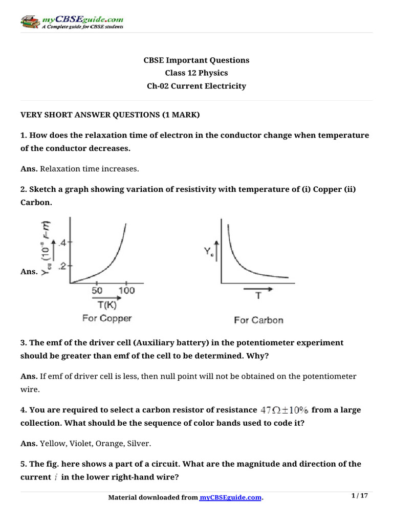 CBSE Class 12 Physics Current Electricity Q&A | PDF | Voltage ...