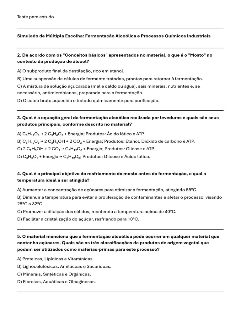 Simulado: Fermentação Alcoólica e Química | PDF | Bomba | Válvula