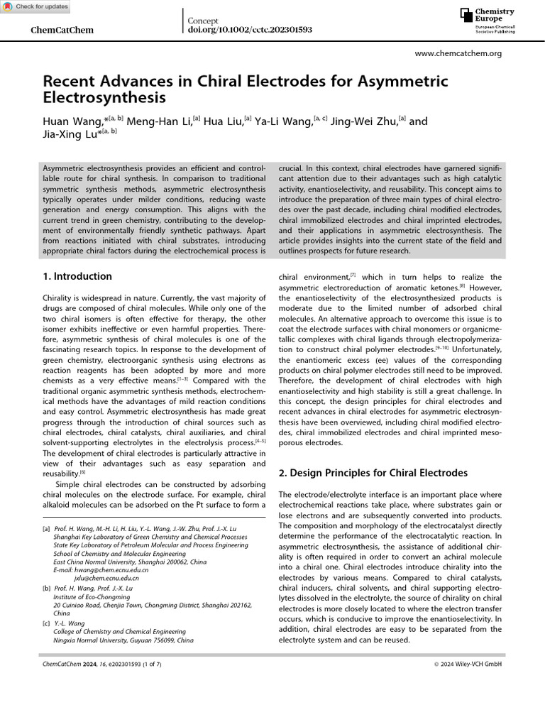 ChemCatChem - 2024 - Wang - Recent Advances in Chiral Electrodes For ...