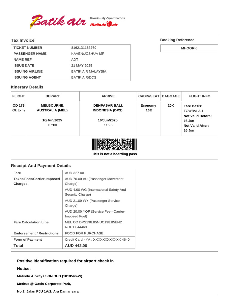 Electronic Ticket Receipt, June 16 for MR JOSHUA KAVEN | PDF | Credit Card