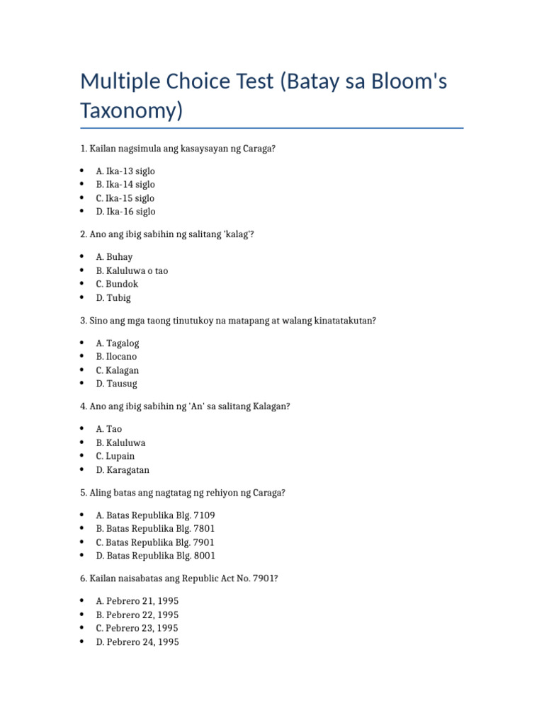 Multiple Choice Test Caraga | PDF