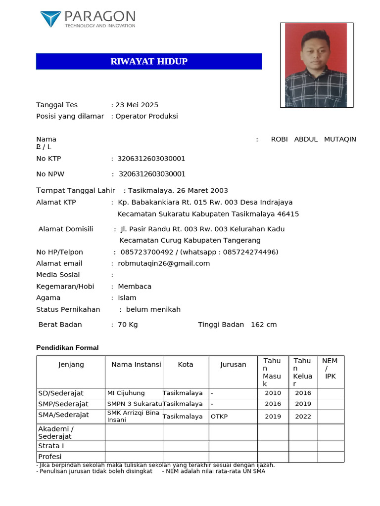 CV Robi Abdul Mutaqin - Operator Produksi | PDF