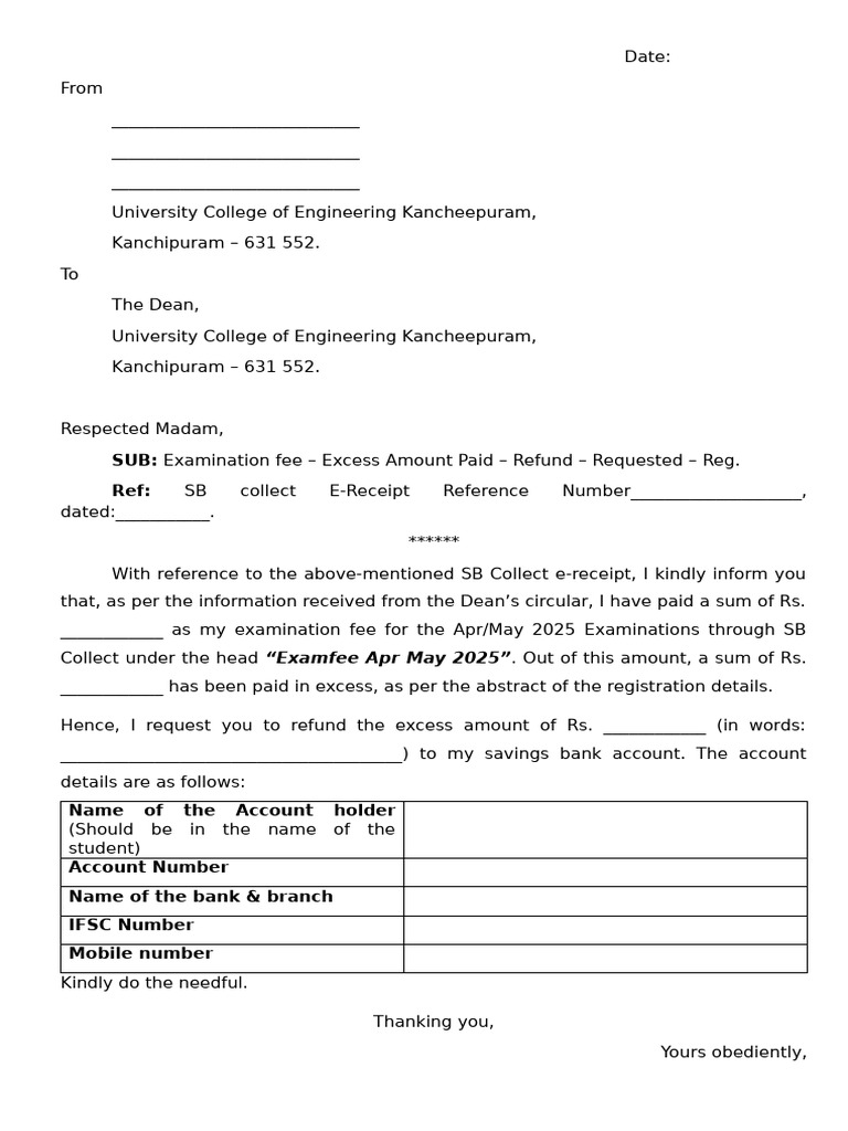 Excess Exam Fee Refund Request Letter | PDF