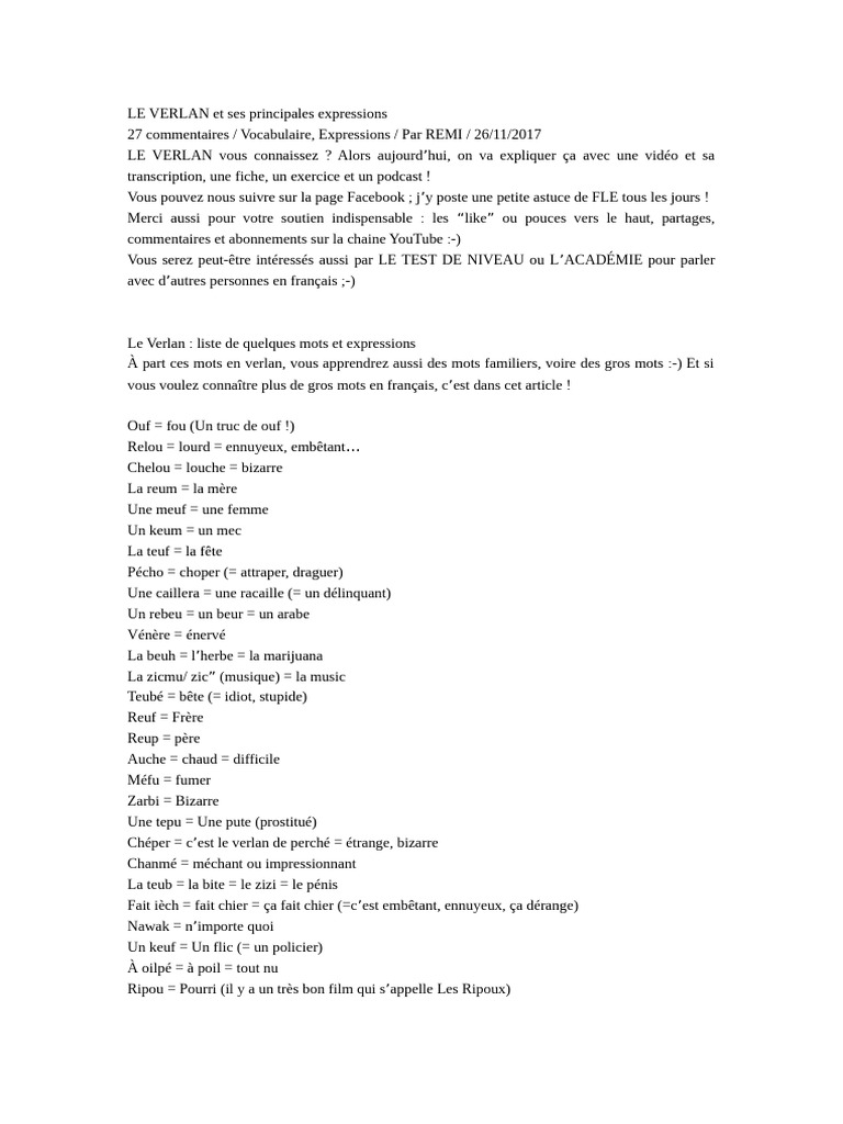 Expressions courantes en verlan | PDF | Lexicologie