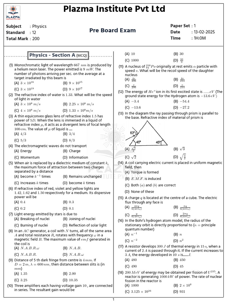 Physics Pre Board Exam Paper 1 | PDF | Light | Electromagnetic Radiation