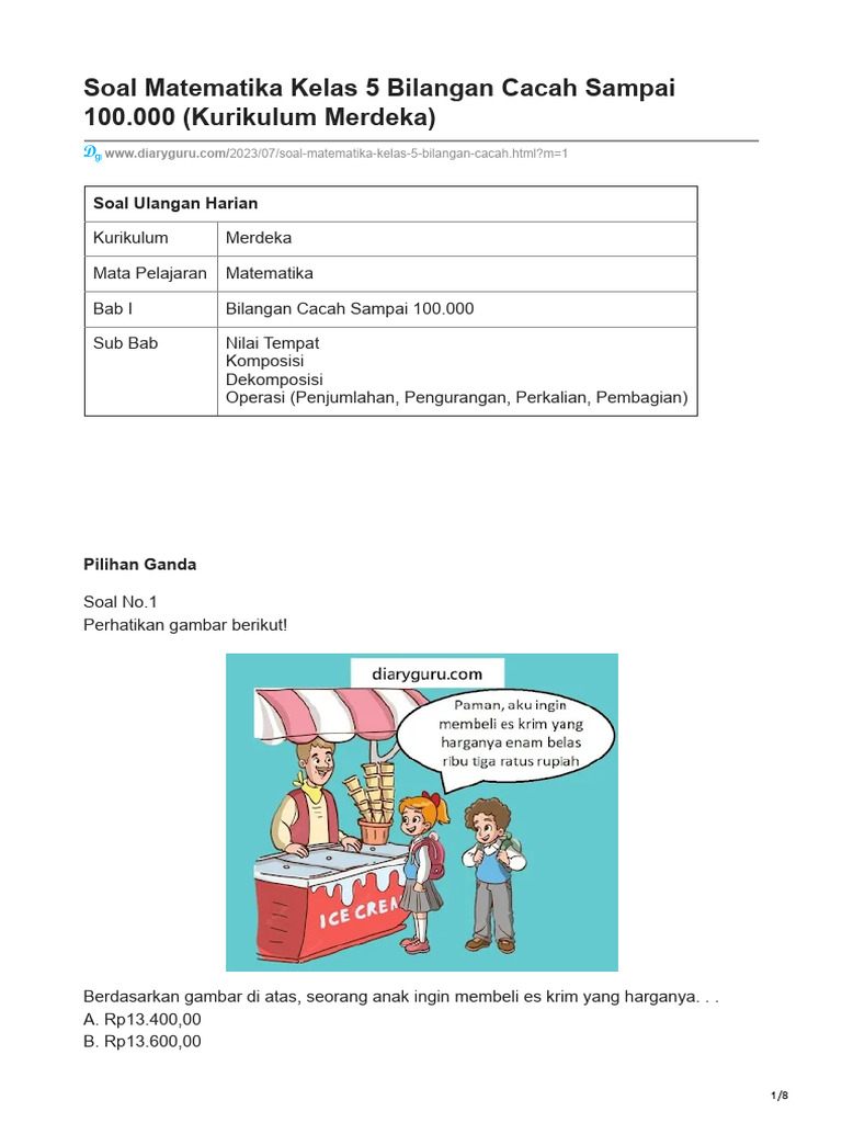 Soal Matematika Kelas 5 Bilangan Cacah Sampai 100.000 (Kurikulum ...