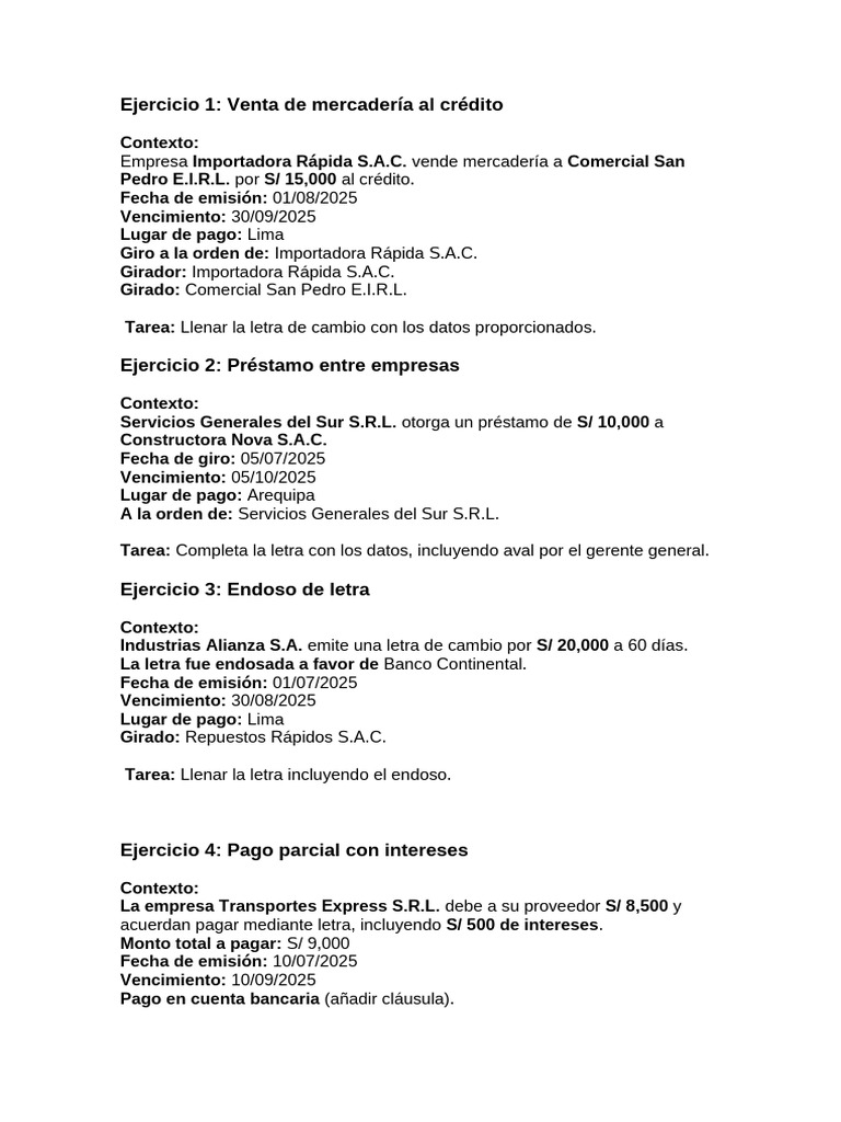 Ejercicios de Letras de Cambio Empresariales | PDF
