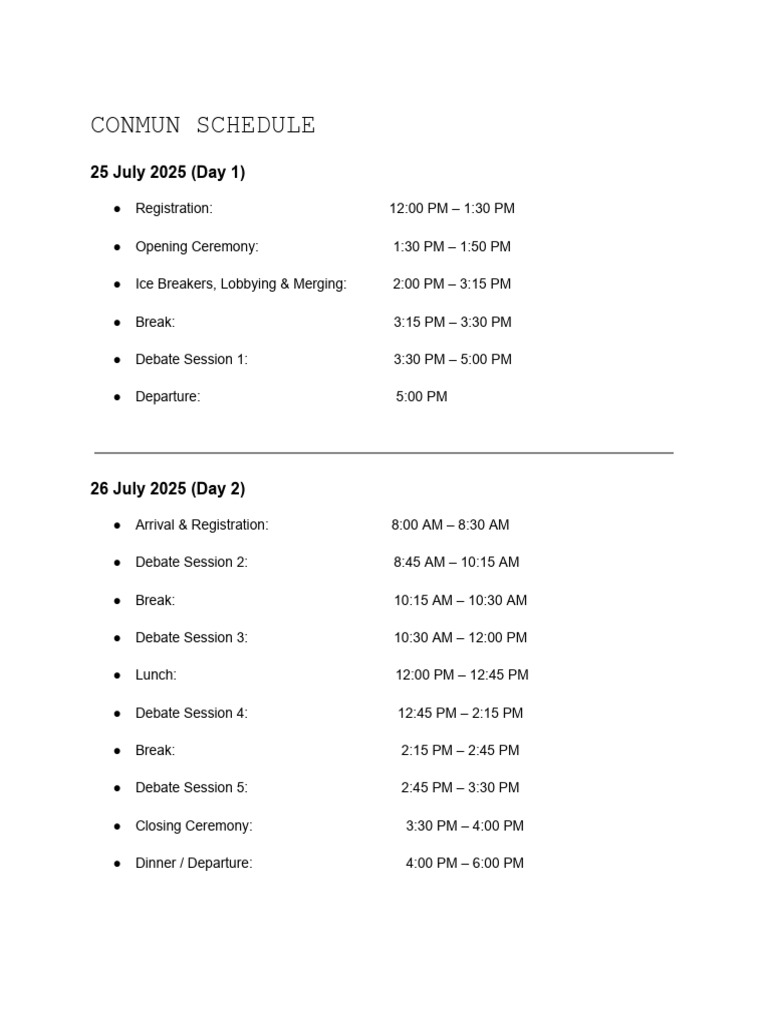 CONMUN 2025 Schedule Overview | PDF
