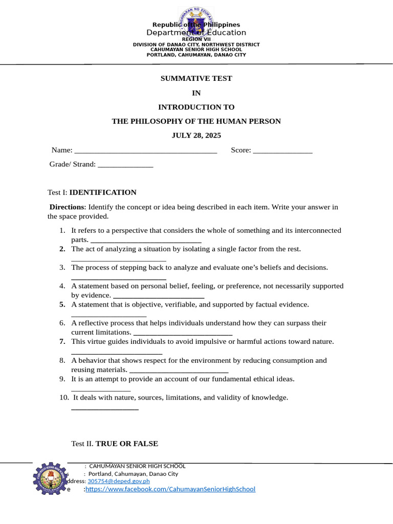 Summative Test: Philosophy Concepts | PDF | Truth | Evidence