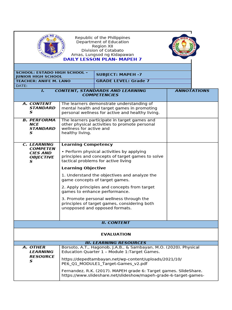 Daily MAPEH Lesson Plan for Grade 7 | PDF | Learning | Psychological ...