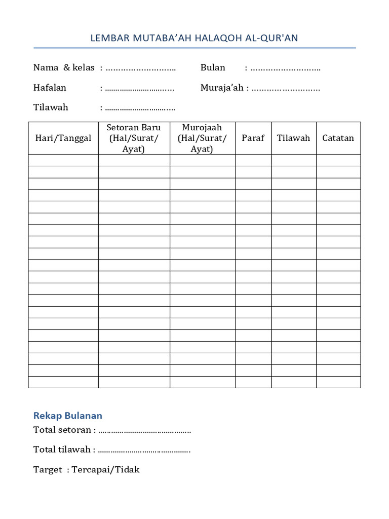 Lembar Mutaba'ah Halaqah Al-Qur'an | PDF