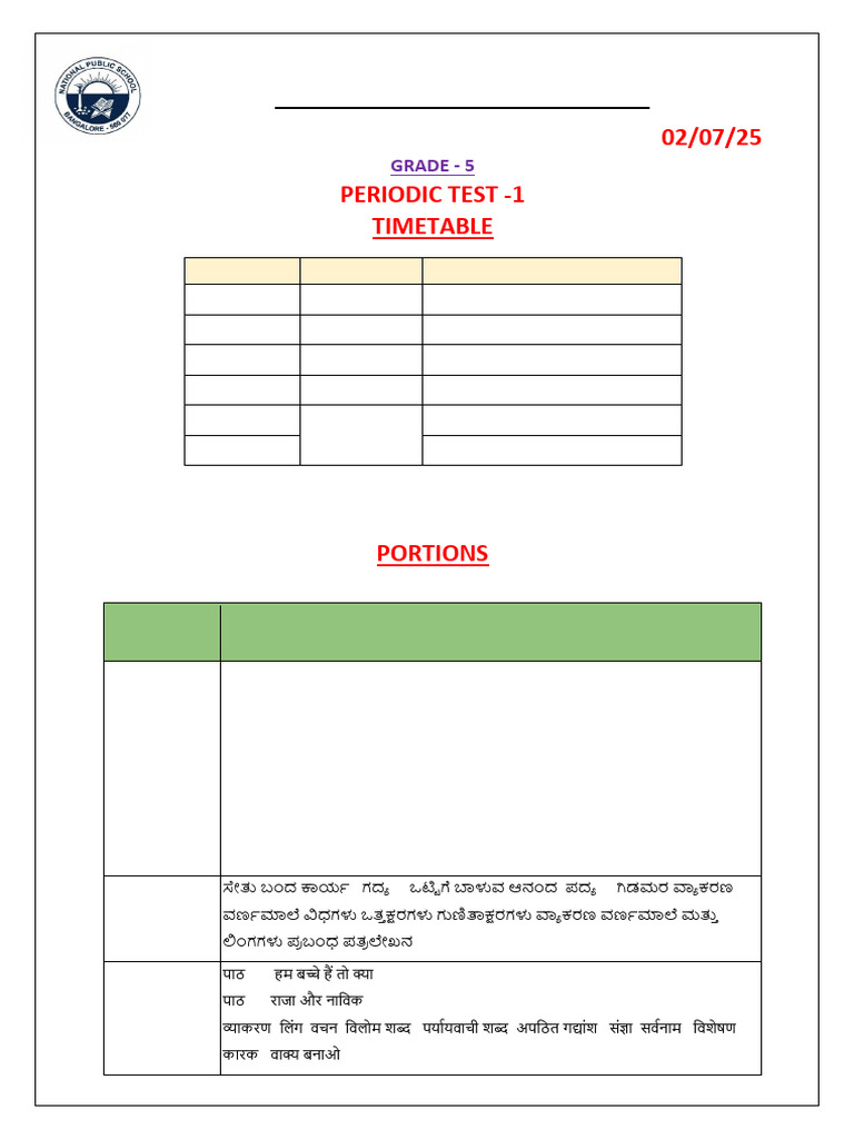 GRADE 5 PT1 Timetable and Portions-1 | PDF