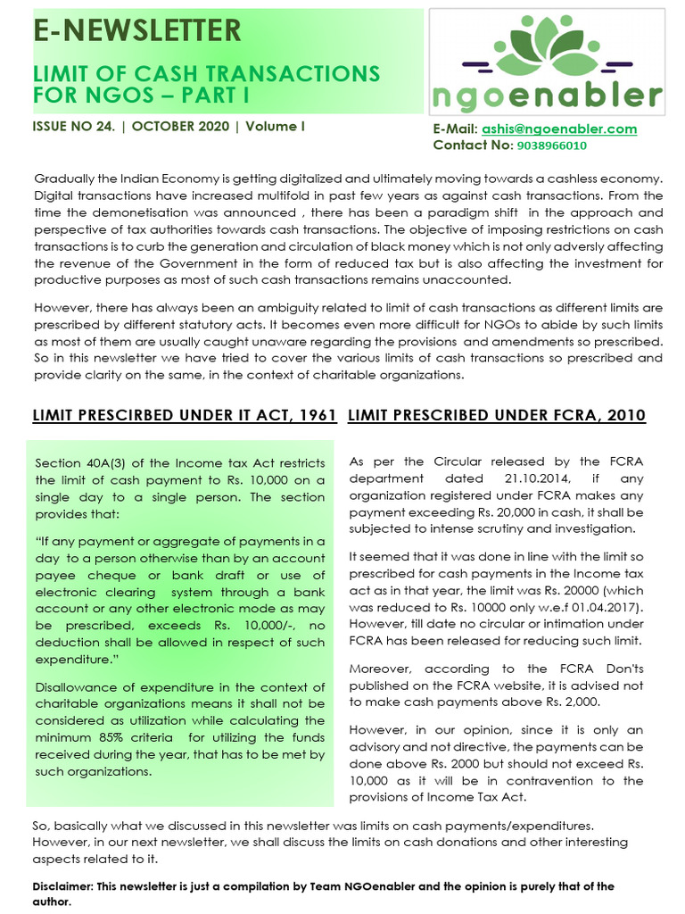Newsletter 24 Limit On Cash Transactions Part I | PDF | Payments | Cash