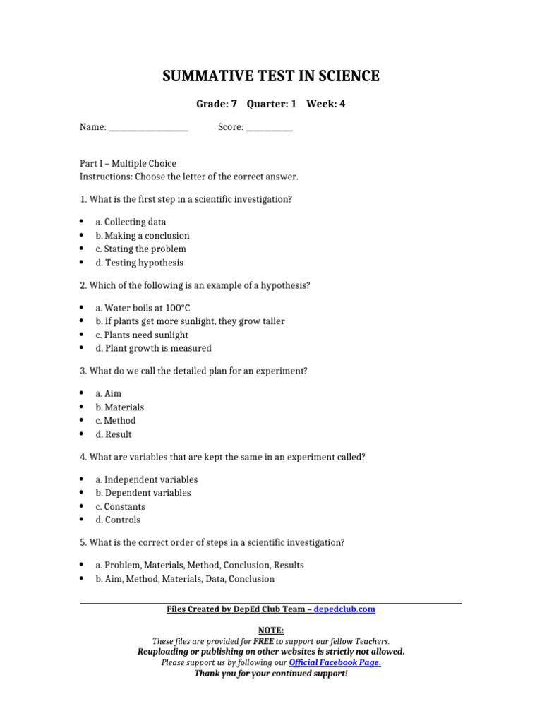 Summ - Test Science 7 q1 w4 | PDF | Experiment | Scientific Method