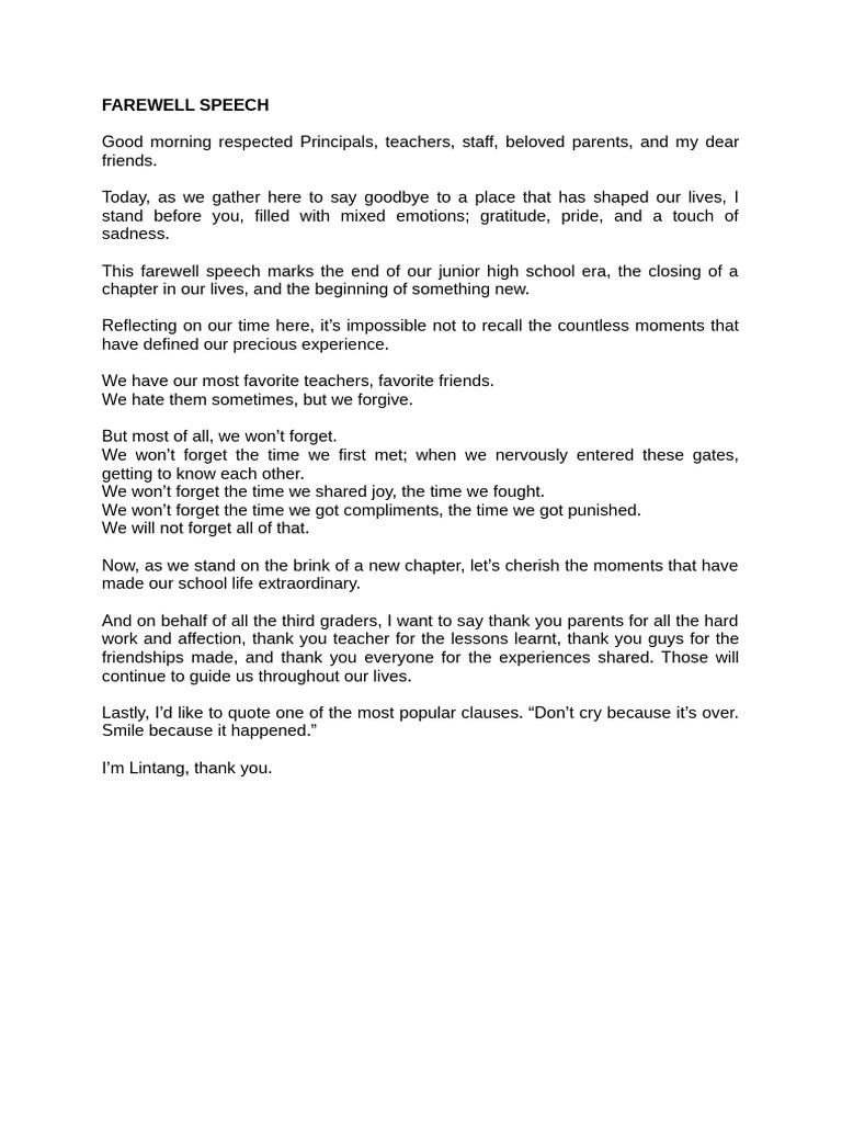 Junior High Farewell Speech | PDF