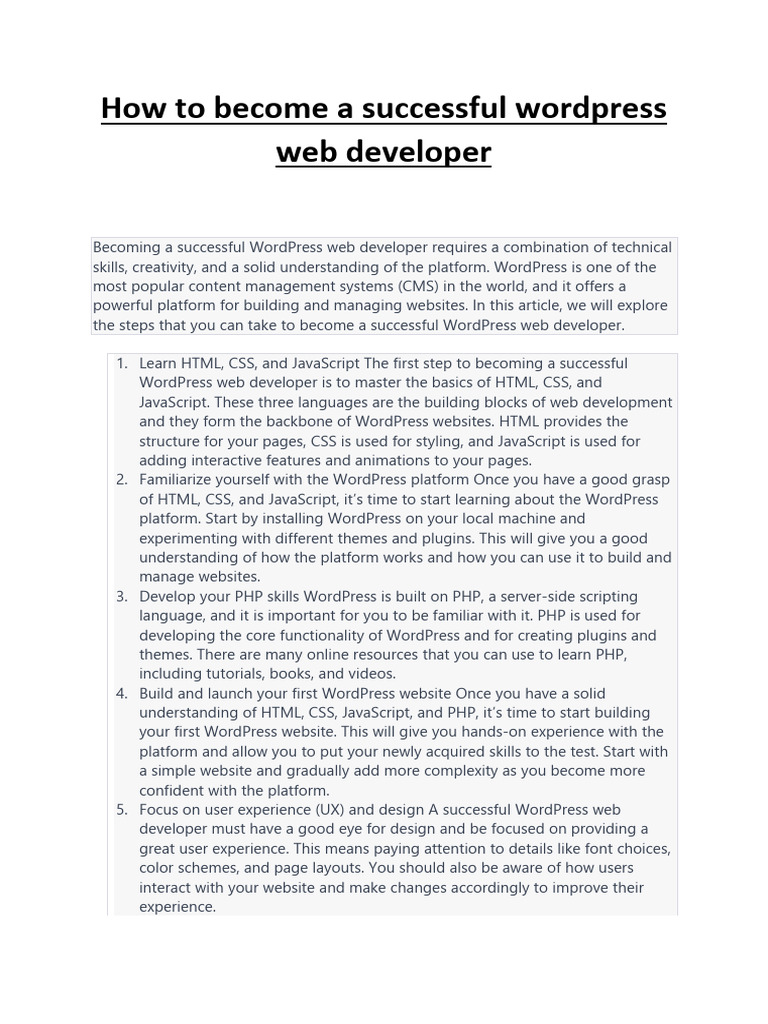 How To Become A Successful Wordpress Web Developer | PDF | Word Press ...