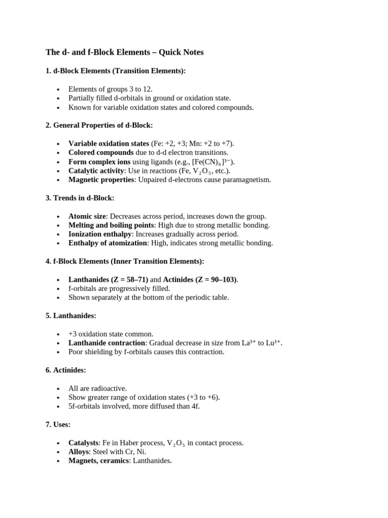 d- and f-Block Elements Overview | PDF