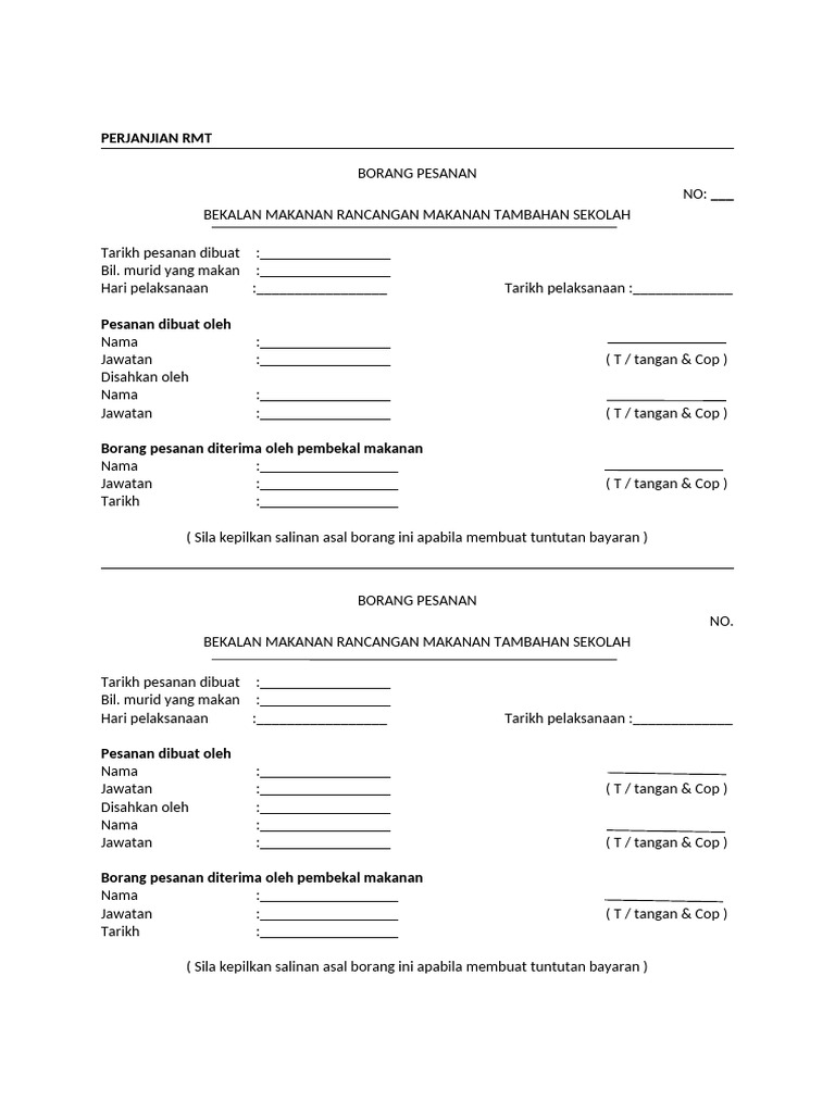 Borang Pesanan RMT Sekolah | PDF