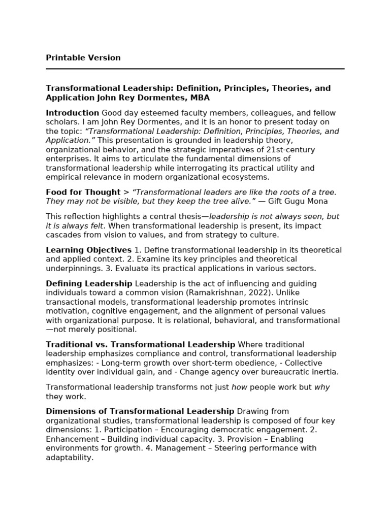 Transformational Leadership Explained | PDF | Leadership ...