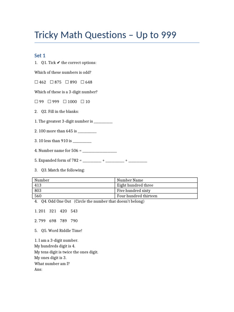 Tricky Math Questions Upto 999 | PDF | Chess | Chess Theory
