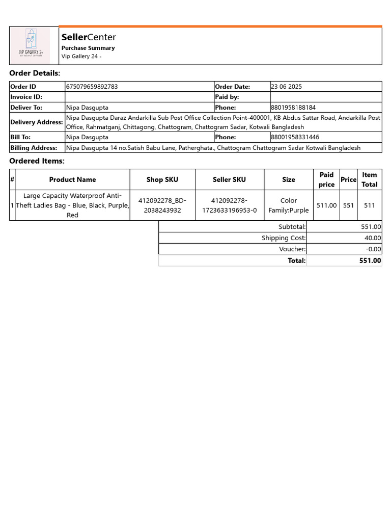 Daraz Order Summary for Nipa Dasgupta | PDF