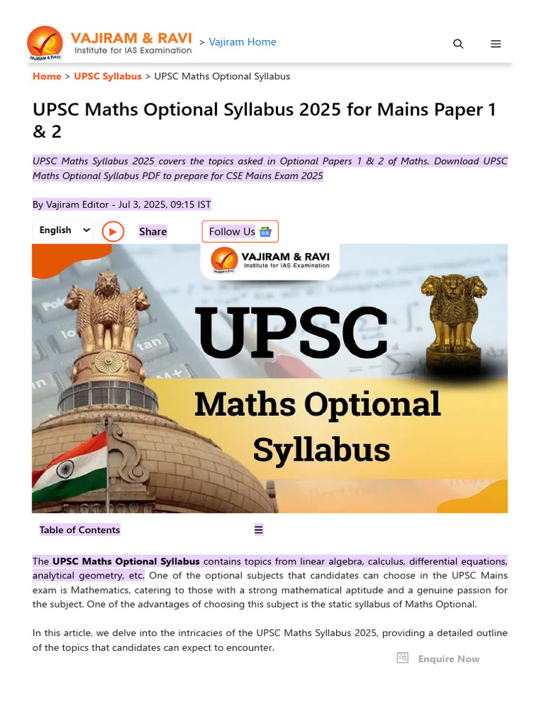 UPSC 2025 Maths Optional Syllabus | PDF | Integral | Equations