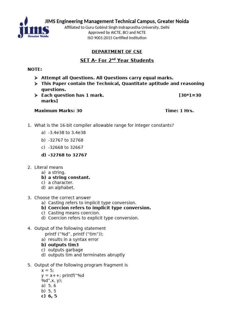 CSE 2nd Year Exam Paper Questions | PDF | Computing | Computer Science
