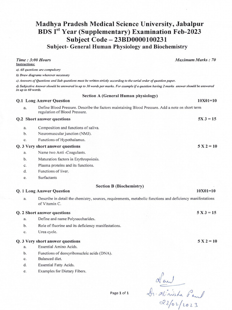 BDS 1ST Year Feb 23 23BD0000100231 | PDF
