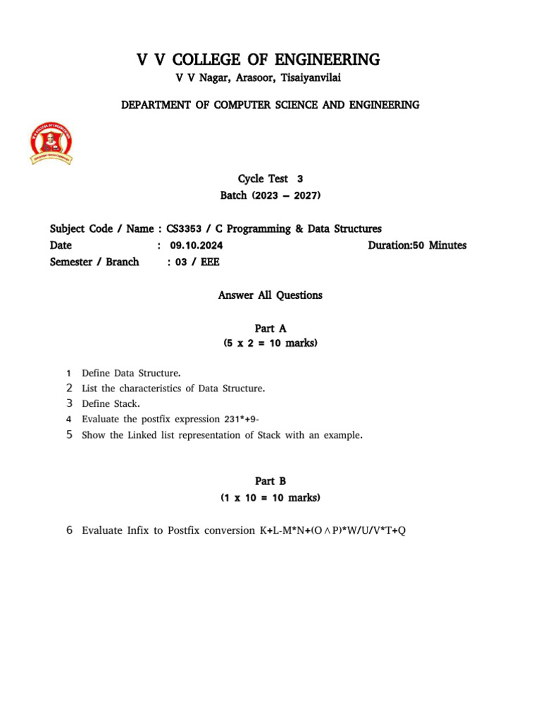 C Programming & Data Structures Test | PDF