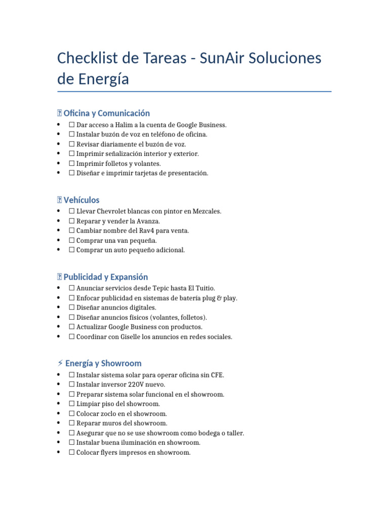 Checklist de Tareas para SunAir Energía | PDF