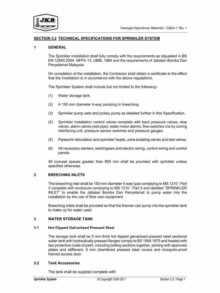 JKR - Sprinkler Spec-Fire Section 3.2 | PDF