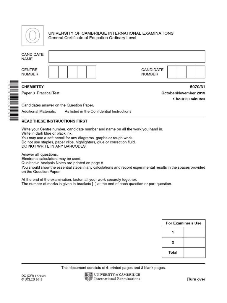 Cambridge O Level Chemistry Practical Test | PDF | Acid | Sodium Hydroxide