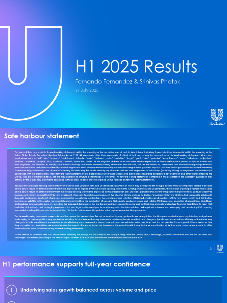 Unilever H1 2025 Financial Results | PDF | Risk | Unilever