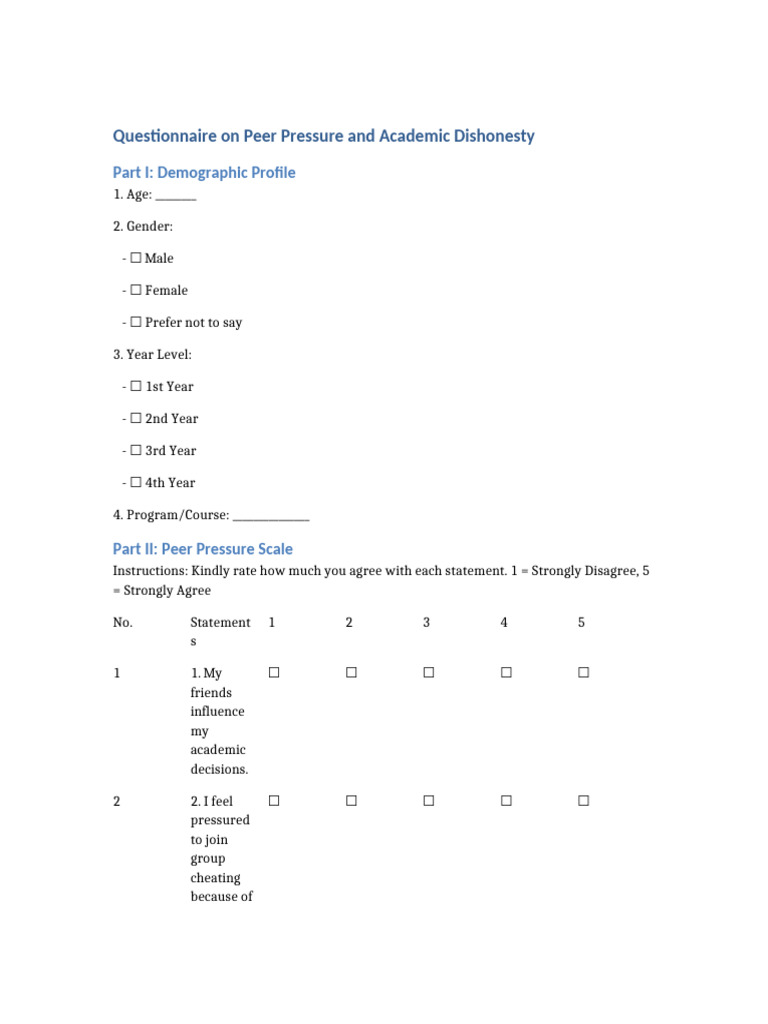 Peer Pressure and Academic Dishonesty Survey | PDF | Academic ...