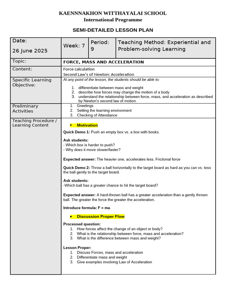 Lesson Plan: Force, Mass & Acceleration | PDF | Force | Mass