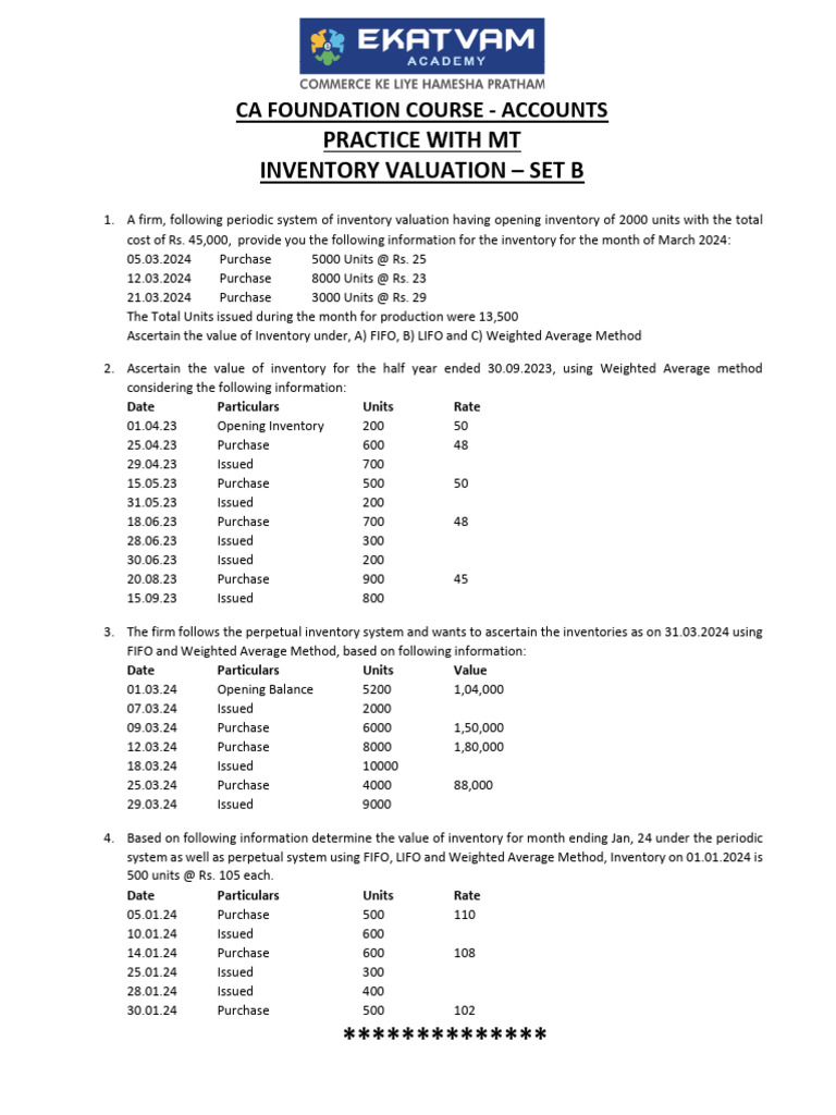 Inventory Valuation Methods Practice | PDF | Inventory | Business Economics
