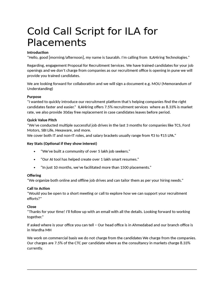 Cold Call Script For ILA For Placements | PDF | Recruitment | Résumé