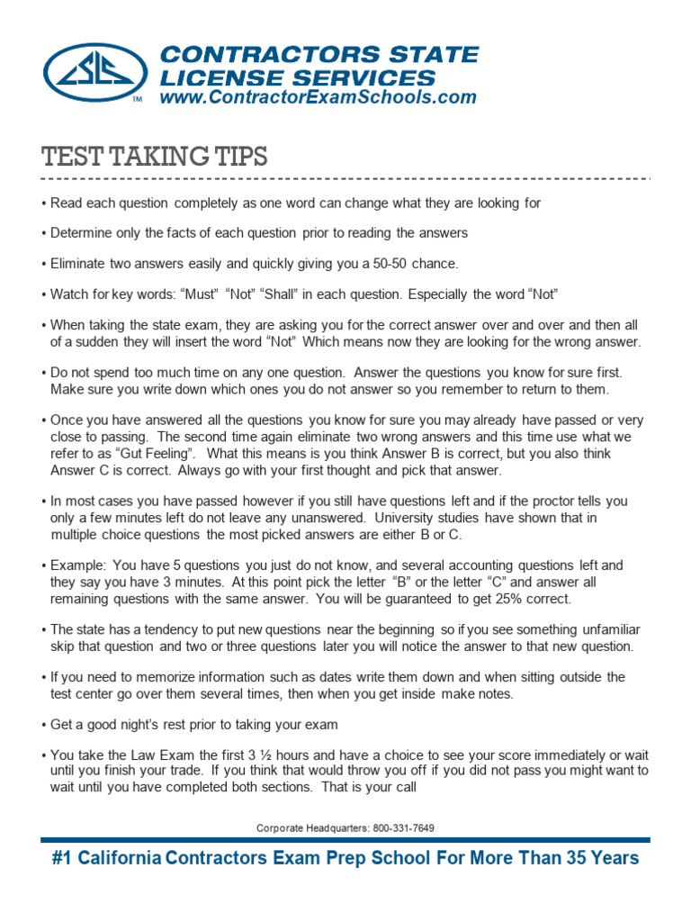 Contractor Exam Test Taking Strategies | PDF | Employment | General ...