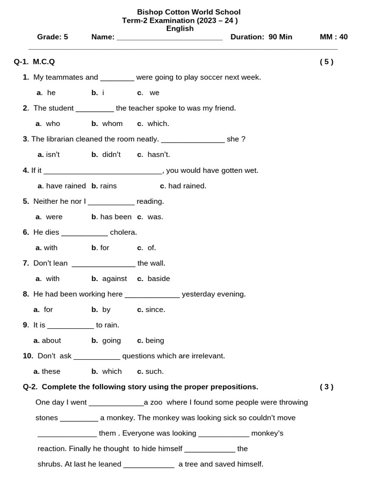 Grade 5 English Term-2 Exam 2023-24 | PDF | Linguistics | Syntax