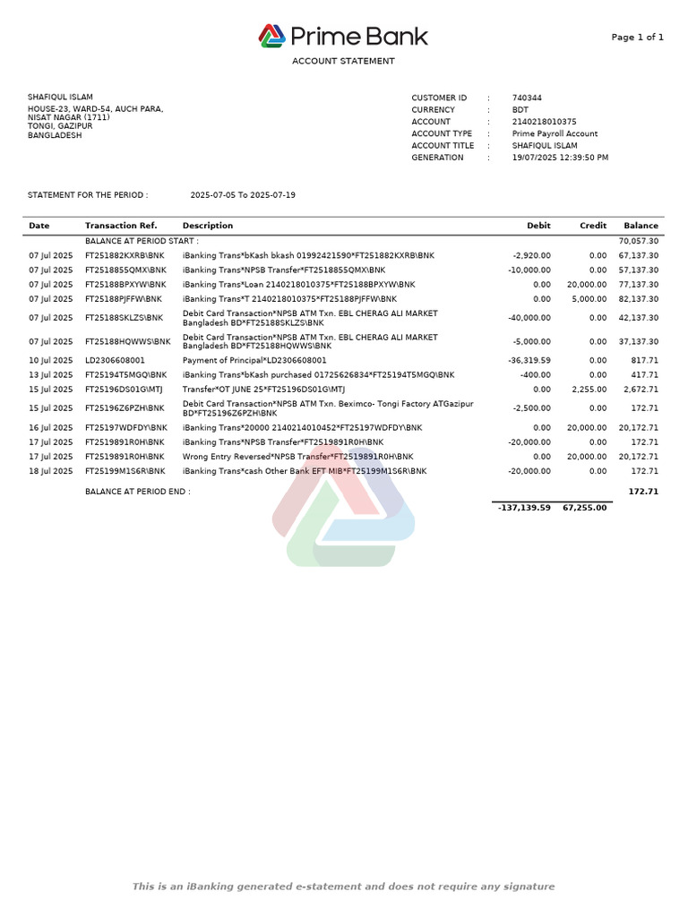 Estatement 2140218010375 202507191239 | PDF | Banks | Debit Card